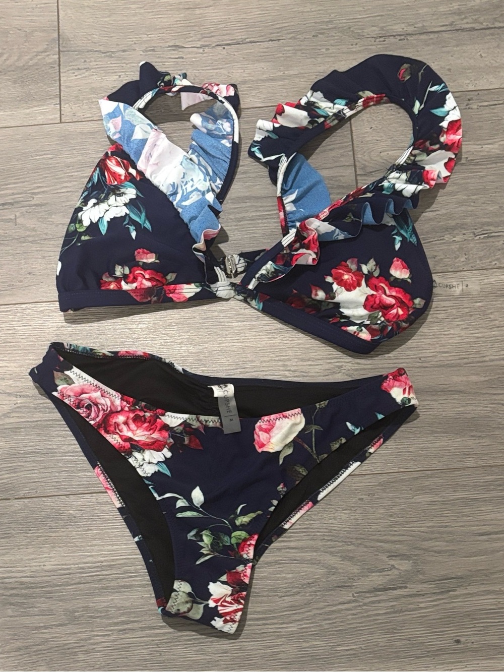 Cupshe Navy Floral Bikin Set with Pink Roses